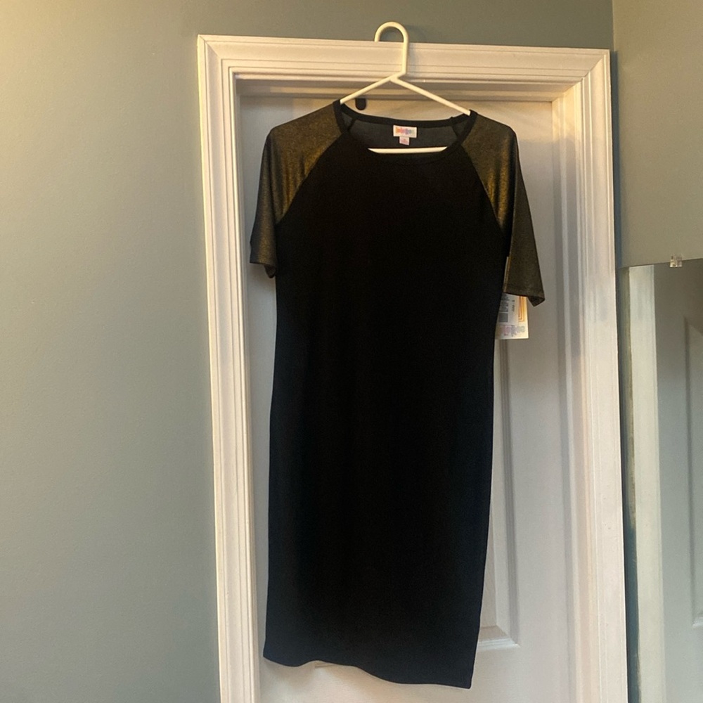 LuLaRoe Julia Small black dress w gold sleeves